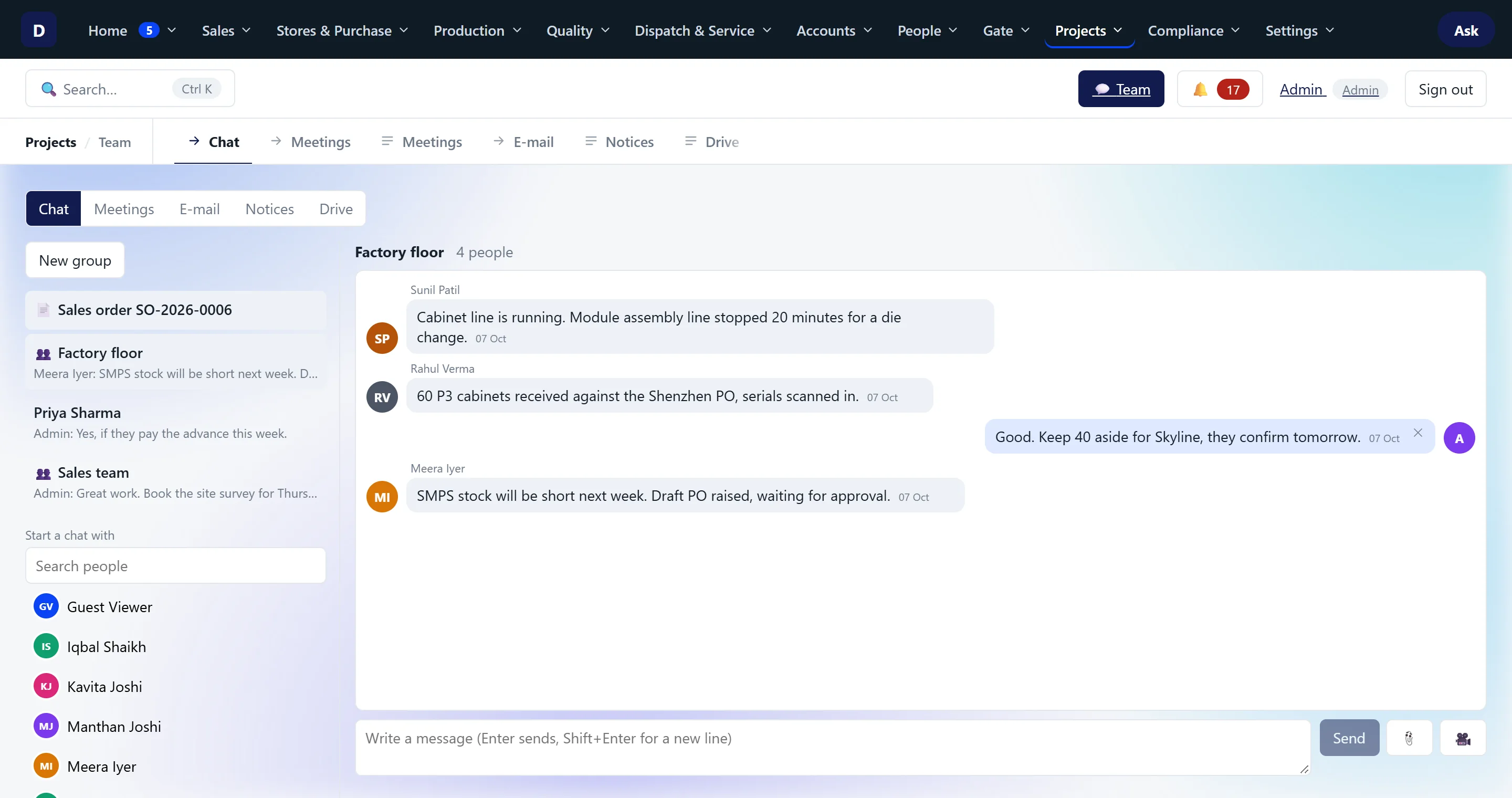 Keltory's Team chat: a Factory floor group where the cabinet line, a received purchase order and short SMPS stock are discussed.